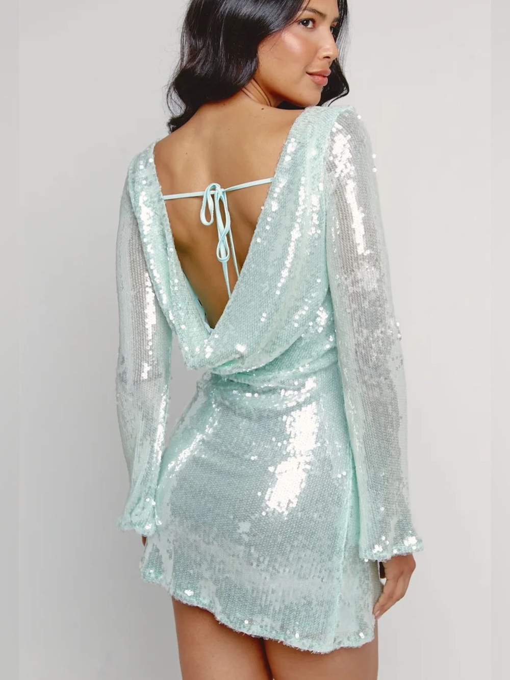 Rare London Mint Green Sequin Open Back Bell Sleeve Mini Dress US 4/ Small